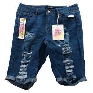 NWT Wax Jean Womens Bermuda Ripped Shorts Size 1XL Medium Blue Denim Distressed